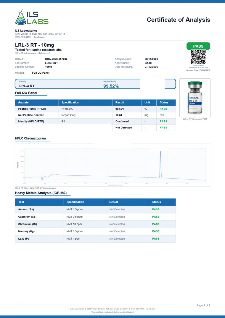 Certificate of analysis from ILS Laboratories for LRL-3 RT 10 MG, lot LL0279RT, tested for Lumina Research Labs: 99.52% purity by HPLC, 10.34 mg net content, identity confirmed.